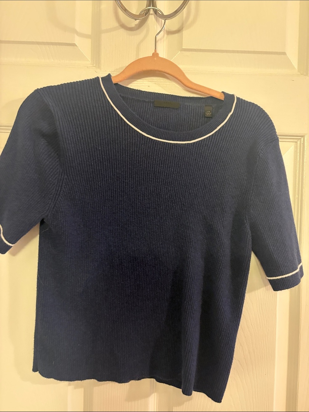 Navy Preppy Short-Sleeve Ribbed Sweater with Contrast Trim